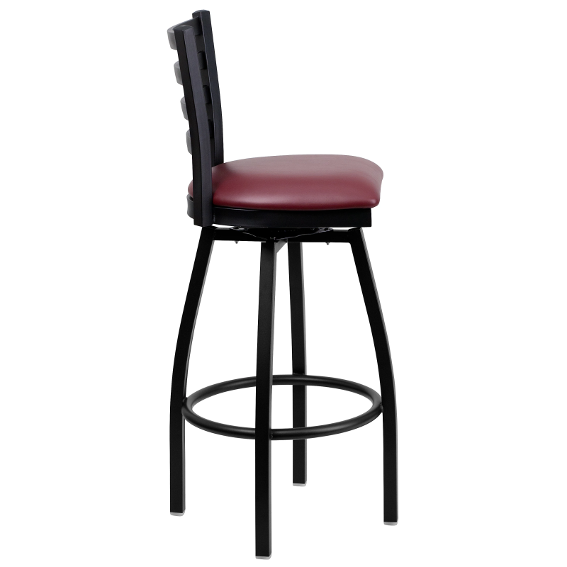 ZG Black Finish Ladder Back Swivel Bar Stool with Burgundy Vinyl Padded Seat for Restaurant (ZG21-072)