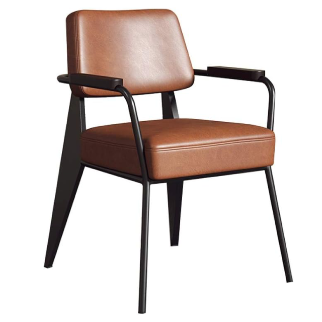 Factory Directly Wholesale Armrest Accent Brown Leather Dining Chair Metal Tolix Industrial Bistro Dining Chair (ZG23-007)