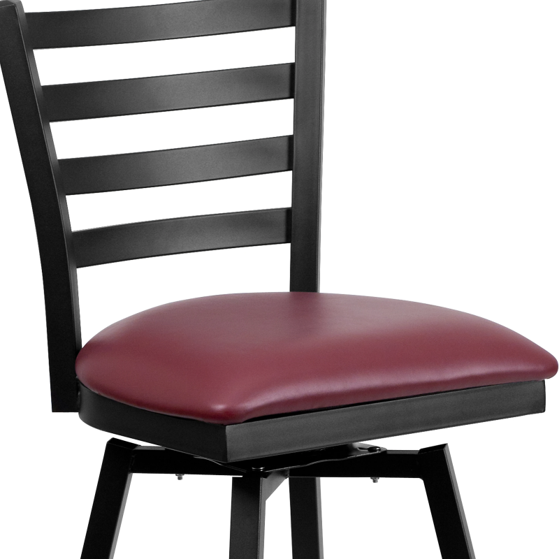 ZG Black Finish Ladder Back Swivel Bar Stool with Burgundy Vinyl Padded Seat for Restaurant (ZG21-072)