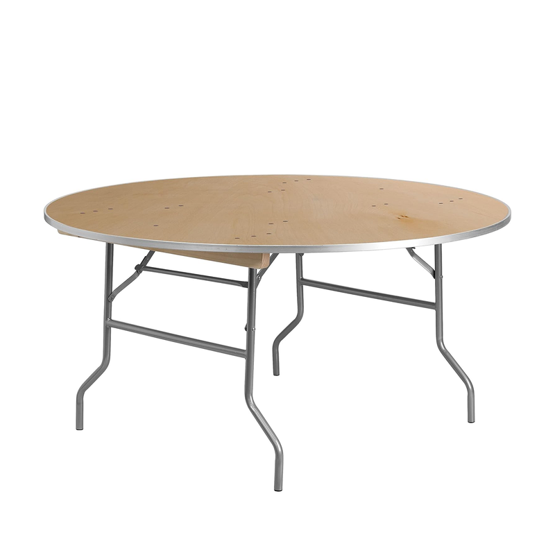 72'' Round Wood Folding Banquet Table, Natural Color Plywood Top, Metal Frame