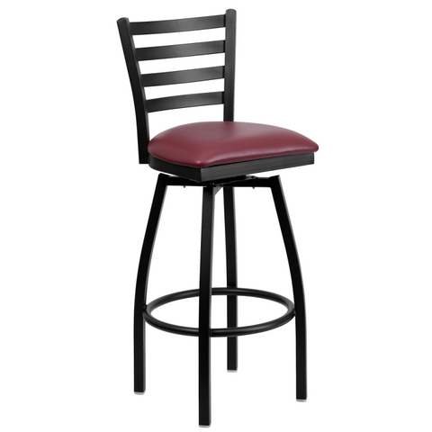 ZG Black Finish Ladder Back Swivel Bar Stool with Burgundy Vinyl Padded Seat for Restaurant (ZG21-072)