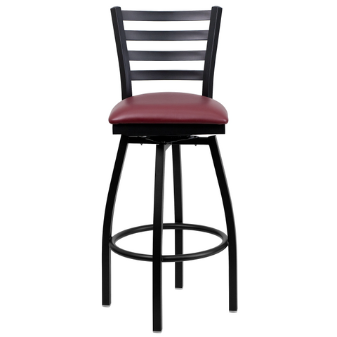 ZG Black Finish Ladder Back Swivel Bar Stool with Burgundy Vinyl Padded Seat for Restaurant (ZG21-072)